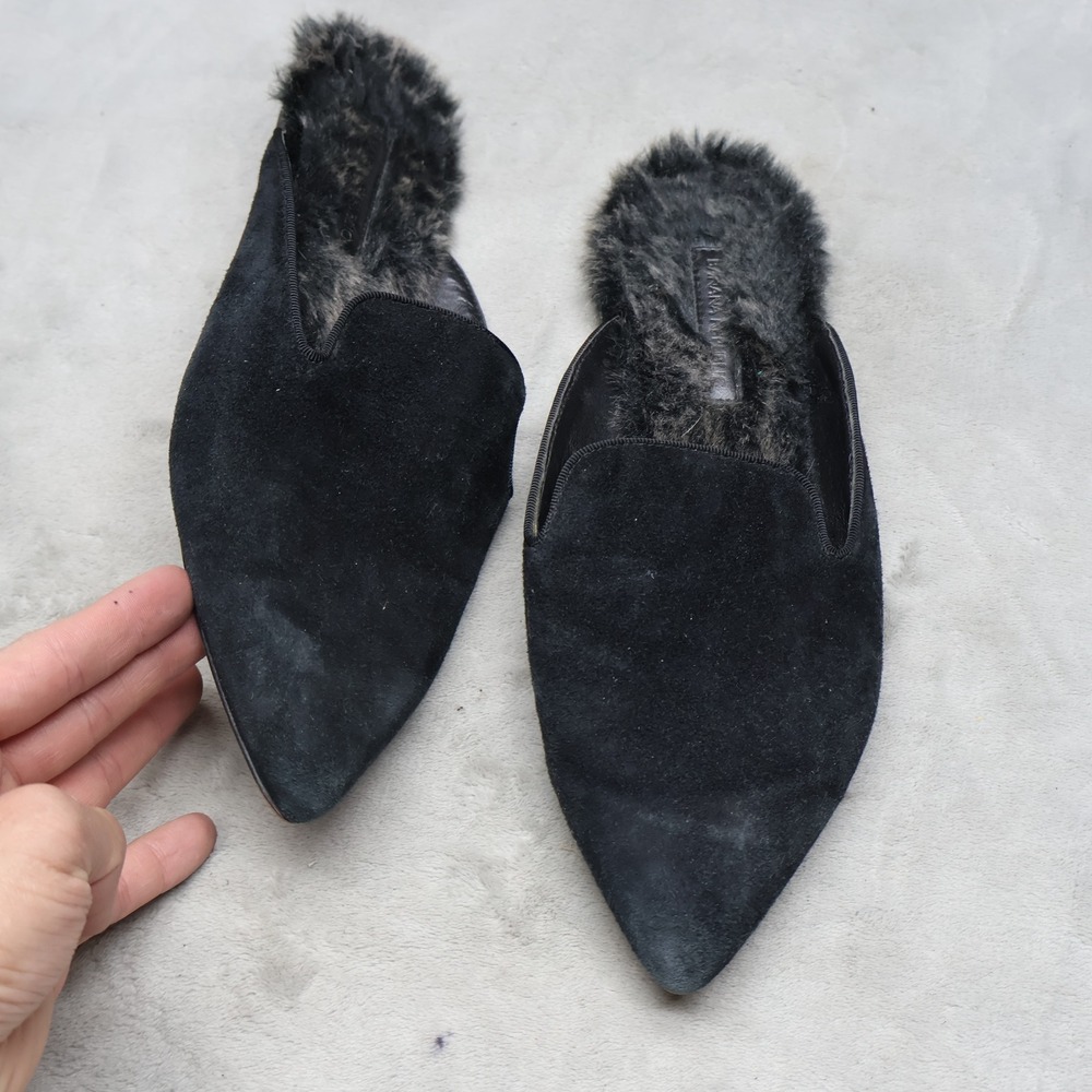 Banana Republic Women 8.5 Mules Black Suede Faux Fur Pointed Toe Classic Slip On